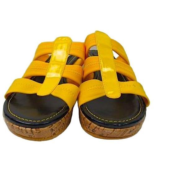 NEW Aj Valenci Yellow Stretch Strappy Platform Cork Heel Wedges — SZ 7.5  NWOT - Picture 7 of 8
